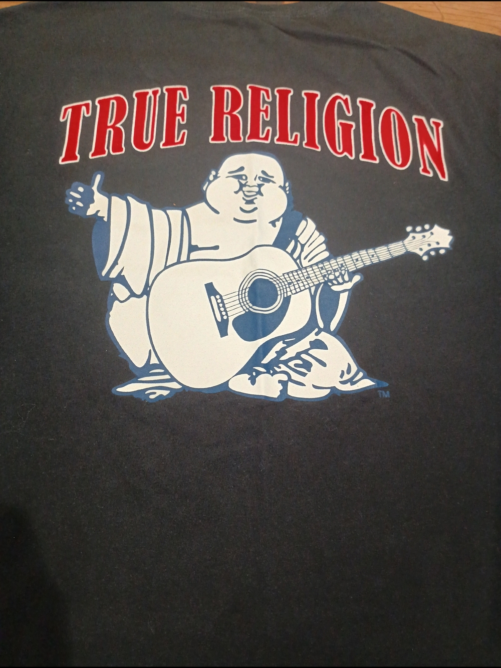 True Religion Graphic Tee in Black with Red and White Logo Buddha On Back XL